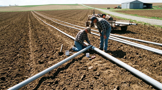 Agricultural irrigation pipes laid across farm field representing agribusiness, water supply, and irrigation infrastructure