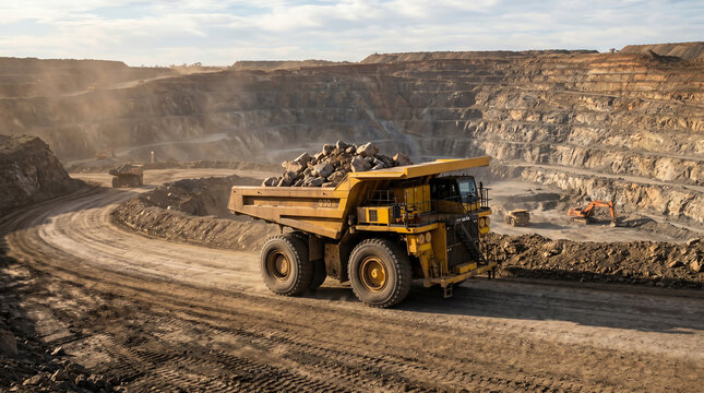 Massive haul truck loaded with rock at open-pit quarry representing mining operations, aggregate production, and heavy haul