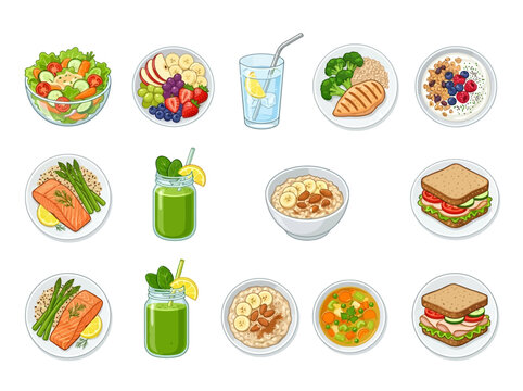 Healthy food and drinks vector illustration, a collection of nutritious meals and beverages