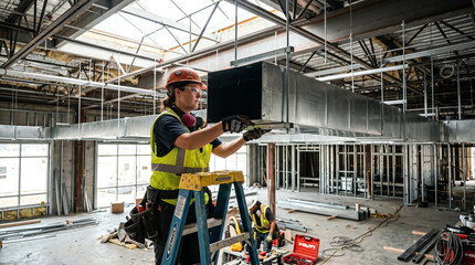 Fototapeta premium HVAC installer hanging galvanized ductwork in commercial ceiling representing HVAC installation, mechanical contracting, and commercial buildout