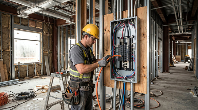 Electrician rough-installing electrical panel in commercial building representing electrical rough-in, panelboard, and commercial wiring