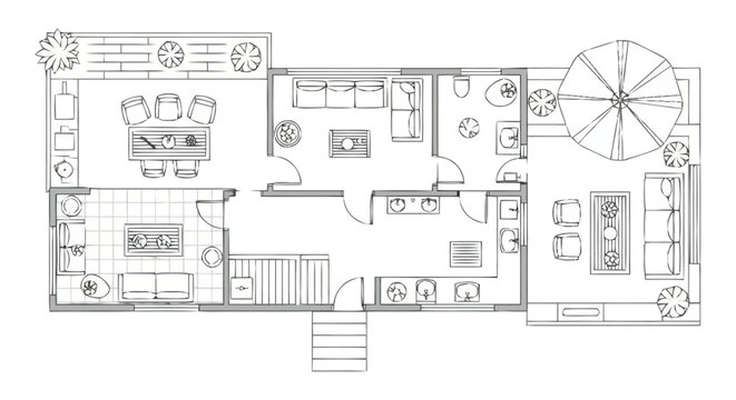 Aerial top down view of a detailed residential architectural floor plan blueprint showing interior layout of rooms furniture placement and outdoor living spaces for property development and home
