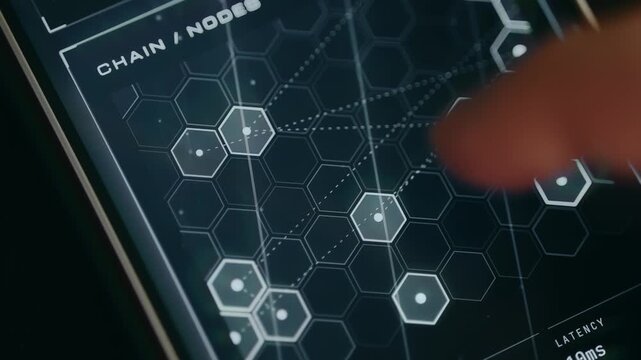 Futuristic user interface illustrating a blockchain network diagram
