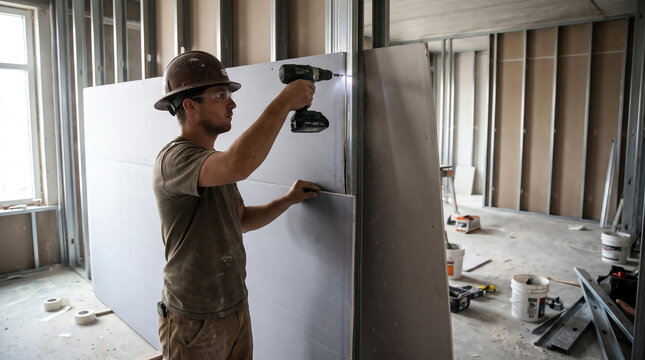 Drywall installer hanging gypsum board on metal stud wall representing drywall installation, interior finish, and commercial construction