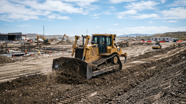 Bulldozer grading raw earth at large construction site representing earthmoving, site grading, and civil construction