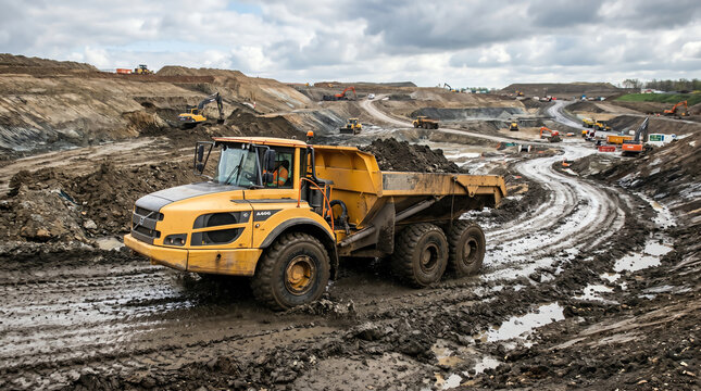 Articulating dump truck on muddy site road at earthworks project representing site logistics, earth haul, and major civil project
