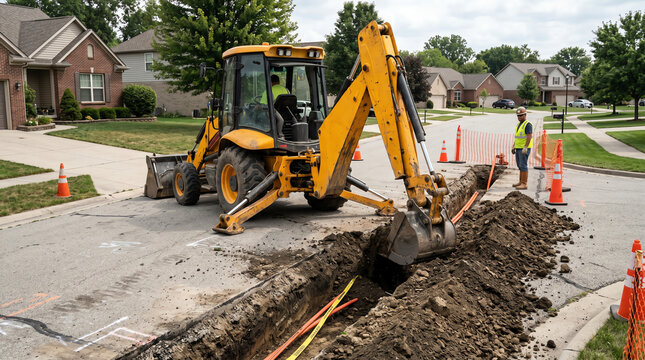 Backhoe loader trenching for utility line in suburban street representing utility installation, road work, and civil engineering