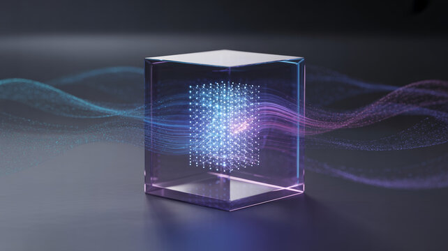 Transparent cube with binary code and glowing blue light on dark background