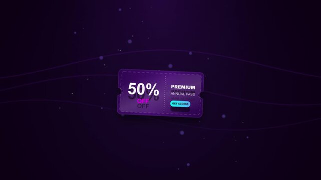 Purple digital coupon offering 50% off premium annual plan subscription with glowing particles background.