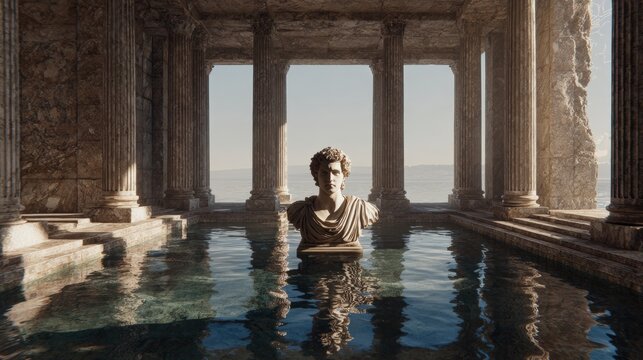 Lost civilization. Fantasy. A vivid portrayal of an ancient architectural setting, likely a temple or palace. The main subject is a classical bust of a man with curly hair, wearing a draped robe.