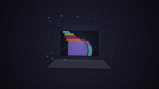 A stylized laptop displaying a colorful abstract data visualization on a dark grid background with glowing particles.