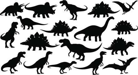 Black Dinosaur Silhouette Collection Set Featuring T Rex Stegosaurus Triceratops and Pterodactyl Vector Style Illustration © Mitu