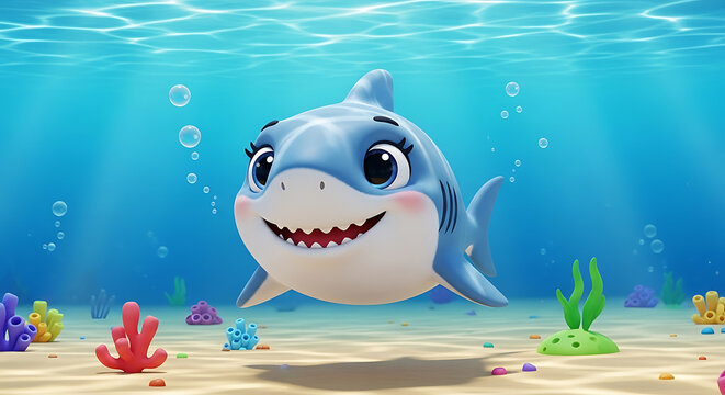 Cute baby shark swimming in the deep blue ocean