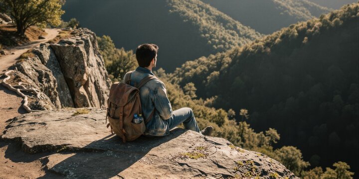 A hiker pauses on a rocky outcrop to take in the serene mountainous landscape with a green valley below.