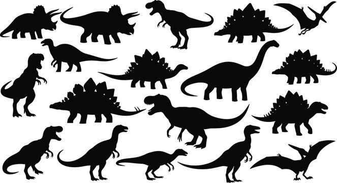 Black Dinosaur Silhouette Collection Set Featuring T Rex Stegosaurus Triceratops and Pterodactyl Vector Style Illustration