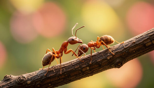 Two red ants are engaged in an interaction on a dark brown, textured branch, positioned diagonally across the lower half of the frame