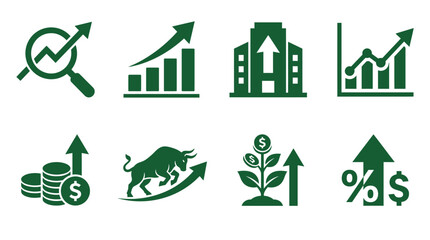Green financial growth icons depicting analysis, trends, and investments with upward trajectories © Kebo