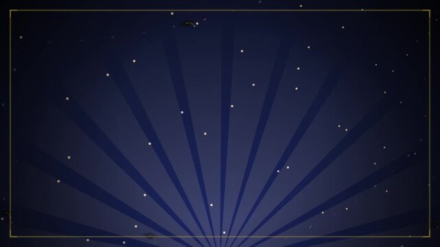 Dark blue background with radial sunburst light rays and scattered white sparkling dots, framed by a thin border.