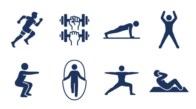 Diverse fitness icons depicting various exercises including running, weightlifting, and yoga poses