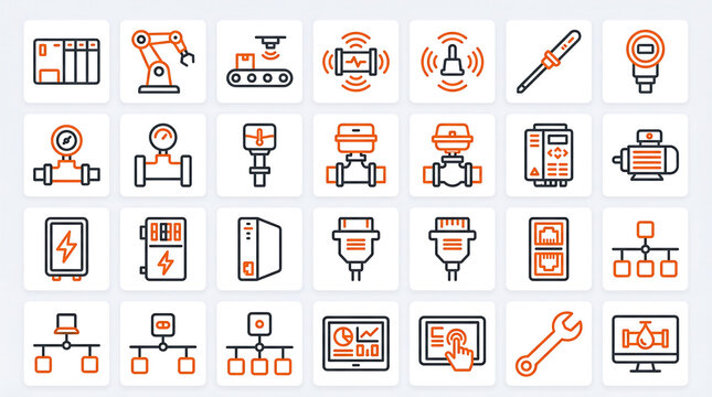 Industrial IoT Sensor Connectivity Icons &ndash; Factory Automation and Machine-to-Machine Communication Set