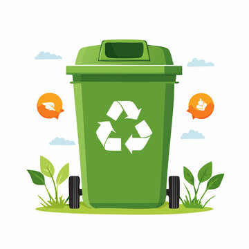 Green Recycling Bin with Recycle Symbol and Plants