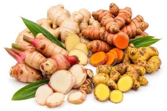 Assorted Fresh Rhizomes Collection Including Ginger Turmeric Galangal and Fingerroot Isolated on White Background High Resolution
