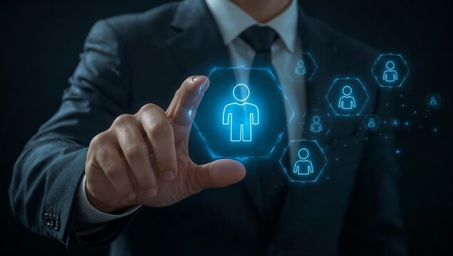 Business professional interacting with digital interface, highlighting human resources concept. The image showcases a professional in a tailored suit, interacting with a glowing digital interface.