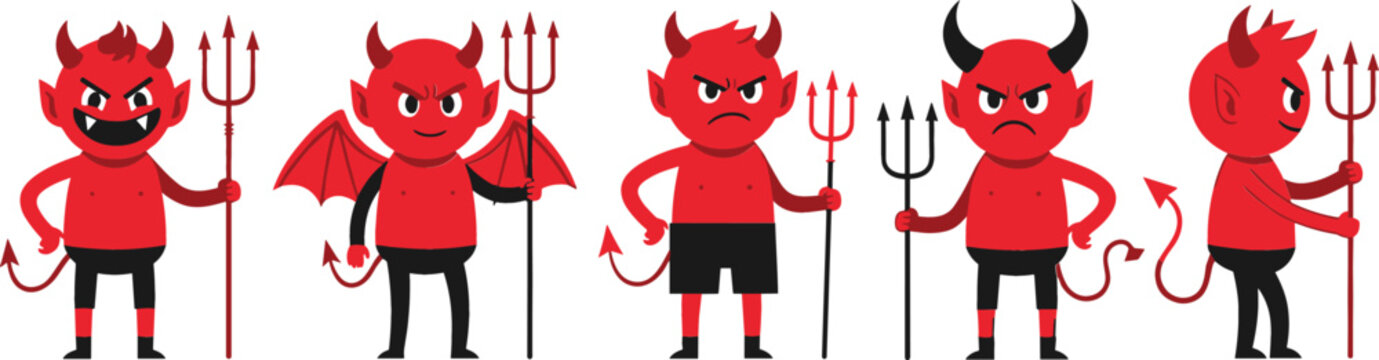 Devil characters vector set with tridents horns and wings, red cartoon demons with different poses for Halloween illustration and fantasy design