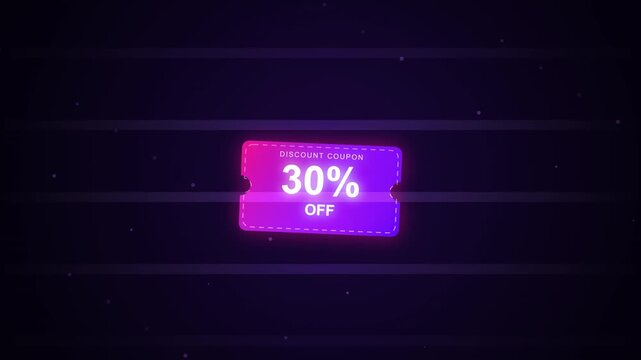 Digital coupon graphic showing 30% off discount on a dark background with glowing lines and particles.