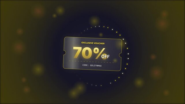 A dark background with golden bokeh lights featuring an exclusive 70% off voucher with a golden dotted circle design.