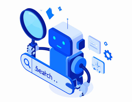 Blue Robot Character with Magnifying Glass and Search Bar.