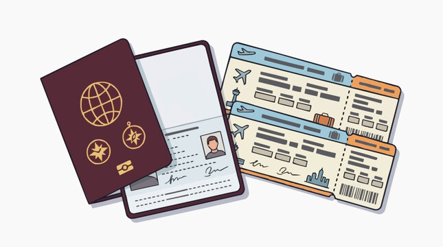 Passport and travel documents ready for a thrilling journey, with flight tickets and passport, this illustration captures the essential elements of travel. 