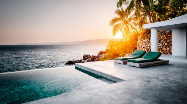 Luxury modern villa infinity pool ocean sunset view, tropical resort offering serene relaxation and vacation escape