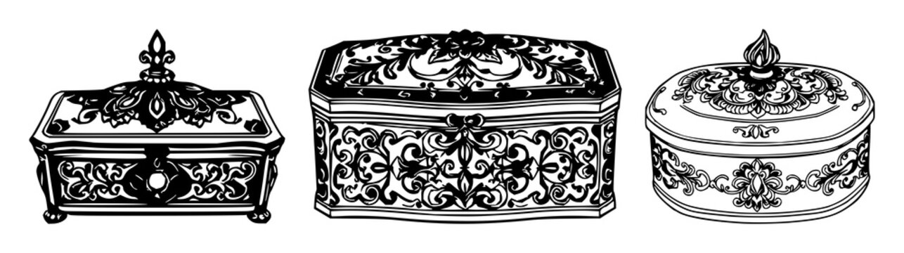 Black line art, white background: ornate silver snuff box set with simple line art design featuring simple design, minimalist, black and white with illustrations and graphics