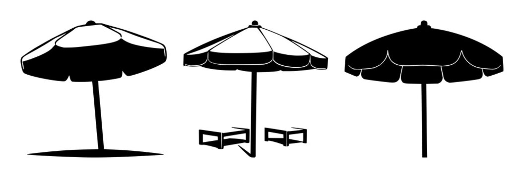 Beach umbrella set with solid black icon design featuring beach umbrella, icon, vector with white background and simplicity