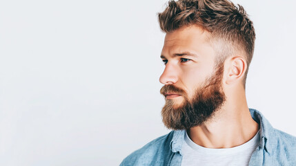 Obraz premium Young man presenting modern hairstyle and beard style, looking forward with confidence and sophistication