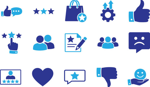 Modern review icon set for rating feedback, star rating, comment and user evaluation design use icons