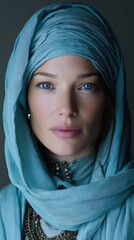 Fototapeta premium Europe medieval lifestyle. A closeup portrait of a woman wearing a turquoise headscarf. Her striking blue eyes contrast with her pale skin. She wears a layered necklace with a metallic chain.
