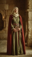 Naklejka premium Europe medieval lifestyle. A portrait of a woman in a medieval setting. She wears a long, flowing green dress with a deep red cloak draped over her shoulders.