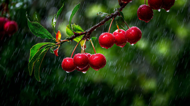 Red apples on branch catching raindrops, water droplets on green leaves and fruit, fresh summer rain in garden