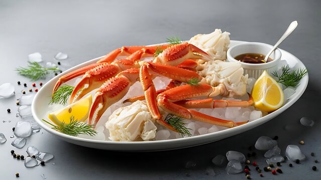 Exquisite Snow Crab Legs and Claws, Steamed to Perfection and Served Chilled on a Bed of Crushed Ice with Fresh Lemon and Dipping Sauce, Showcasing a Luxurious Seafood Dining Experience