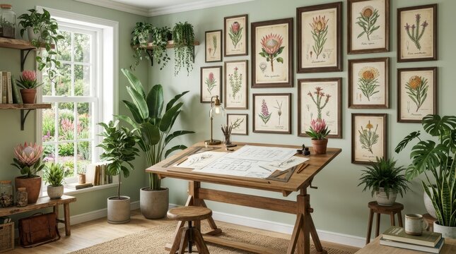 Botanical illustration art and drafting table in a bright, plant-filled studio space