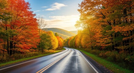 Fototapeta premium A winding road through a vibrant autumn forest, with a majestic mountain range in the distance.