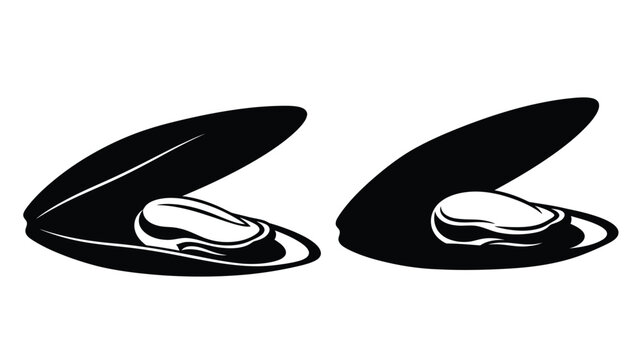 Two black mussel shells displayed with detailed interior a striking silhouette
