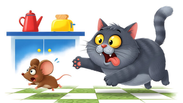 Gray cat chasing a brown mouse in a kitchen