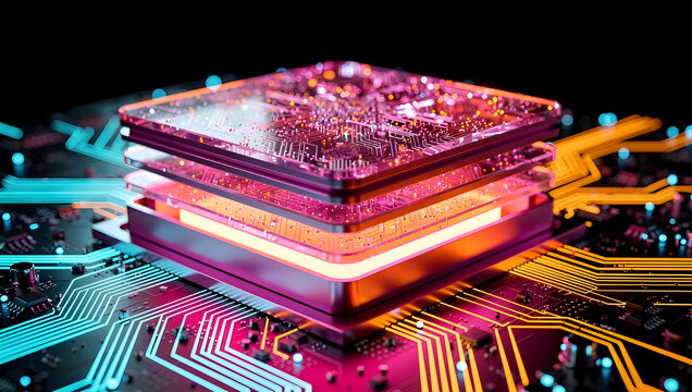 Stacked glowing microchips on circuit board, advanced computing concept, high performance processor and futuristic hardware technology background