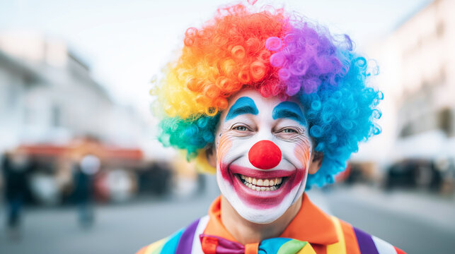 Clown smiling with rainbow wig and colorful face paint, bringing joy at a vibrant street festival