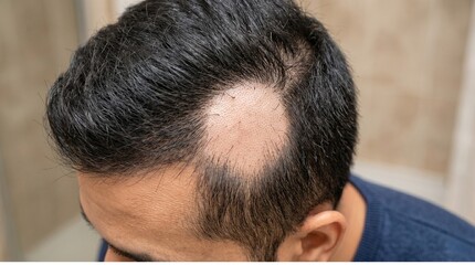 Fototapeta premium Hair Loss Poster Illustration Featuring Circular Bald Patch Crown Area Dark Dense Surrounding Hair Alopecia Concept