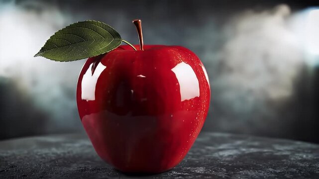 A Gleaming Red Apple Under Studio Lights Resting on a Dark Textured Surface