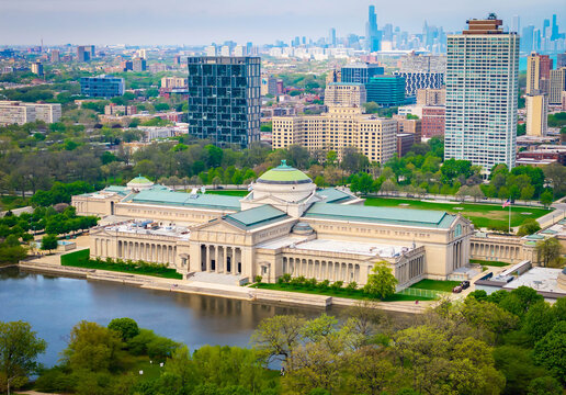 Aerial View of Museum of Science and Industry in Chicago Illinois During Spring
